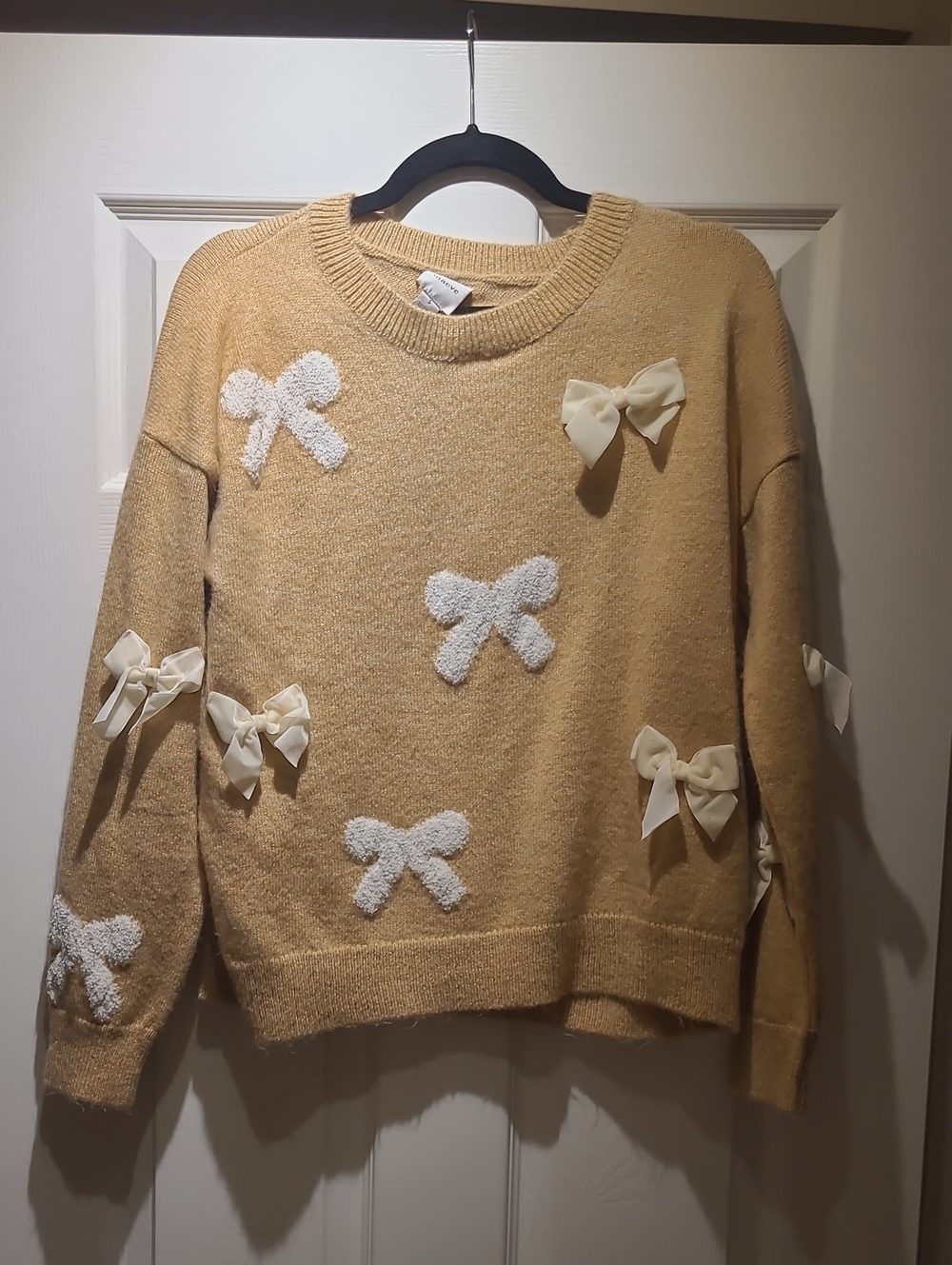 Anthropologie Crewneck Sweater with White and Cream Bow Appliqués